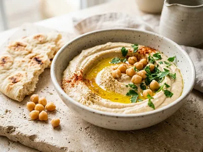 Schale cremiger Hummus mit Olivenöl-Spiegel, Kreuzkümmel, Kichererbsen und Petersilie, daneben warmes Fladenbrot