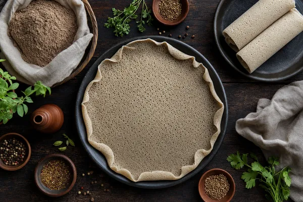 Frisch gebackene äthiopische Injera aus Teffmehl von oben, hell gefleckt mit den typischen kleinen Gärlöchern an der Oberfläche, daneben aufgerollte Injera-Streifen auf dunklem Holztisch