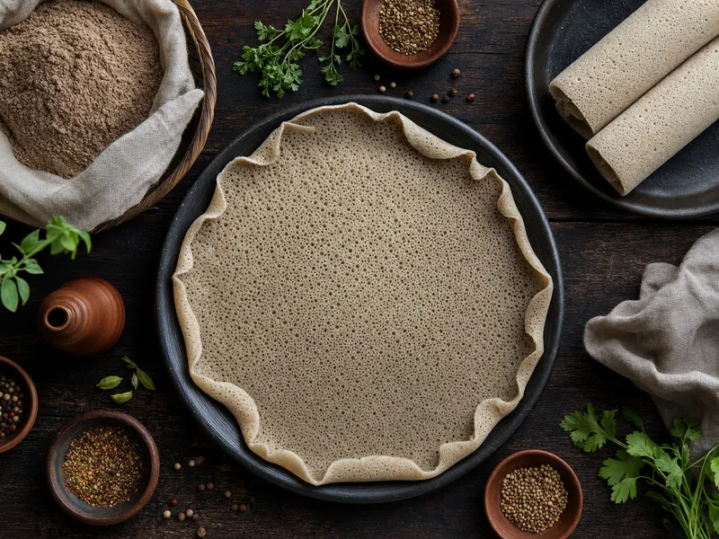 Frisch gebackene äthiopische Injera aus Teffmehl von oben, hell gefleckt mit den typischen kleinen Gärlöchern an der Oberfläche, daneben aufgerollte Injera-Streifen auf dunklem Holztisch