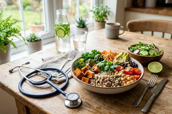 Bunte Auswahl an frischem Obst, Gemüse und Hülsenfrüchten auf einem Küchentisch