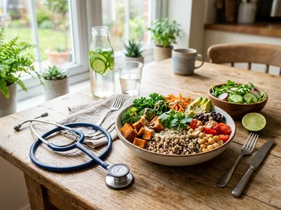 Bunte Auswahl an frischem Obst, Gemüse und Hülsenfrüchten auf einem Küchentisch