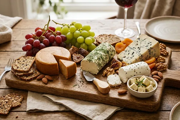 Verschiedene vegane Käsealternativen auf einem Holzbrett mit Trauben und Crackern