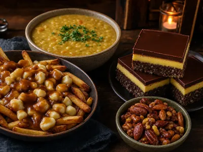 Kanadische Snack-Tafel auf einem dunklen Holztisch: eine Schale Poutine mit Pommes, Bratensauce und Käsestücken, eine Schüssel goldene Erbsensuppe, gestapelte Nanaimo-Bars mit Schokoschicht und eine Schale ahornglasierte Nüsse in warmem Abendlicht