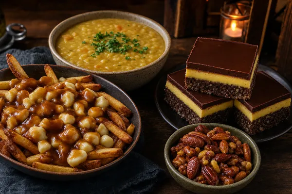Kanadische Snack-Tafel auf einem dunklen Holztisch: eine Schale Poutine mit Pommes, Bratensauce und Käsestücken, eine Schüssel goldene Erbsensuppe, gestapelte Nanaimo-Bars mit Schokoschicht und eine Schale ahornglasierte Nüsse in warmem Abendlicht