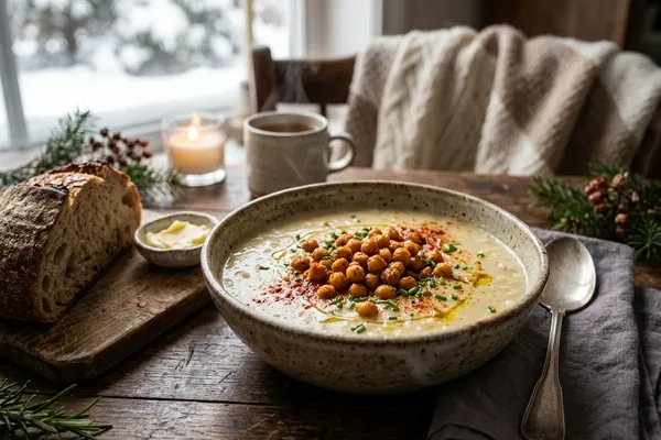 Rauchige Kartoffelsuppe mit gerösteten Kichererbsen in einer rustikalen Schüssel