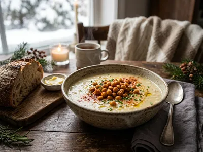 Rauchige Kartoffelsuppe mit gerösteten Kichererbsen in einer rustikalen Schüssel