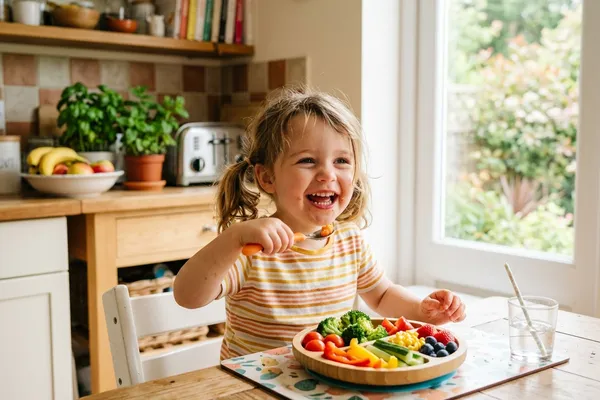 Kind isst fröhlich buntes pflanzliches Essen