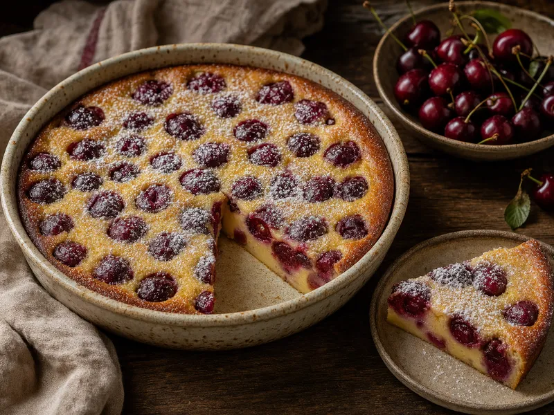 Goldgelb gebackener Kirsch-Clafoutis in einer runden Auflaufform, dicht belegt mit dunklen Kirschen und mit Puderzucker bestäubt