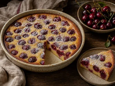 Goldgelb gebackener Kirsch-Clafoutis in einer runden Auflaufform, dicht belegt mit dunklen Kirschen und mit Puderzucker bestäubt