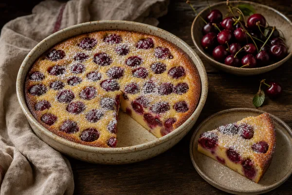 Goldgelb gebackener Kirsch-Clafoutis in einer runden Auflaufform, dicht belegt mit dunklen Kirschen und mit Puderzucker bestäubt