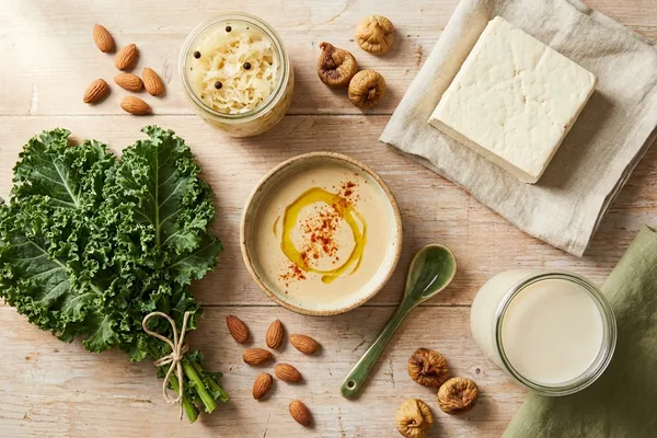 Flat-Lay mit Tahin, Grünkohl, Tofu, angereicherter Pflanzenmilch, Sauerkraut, Mandeln und getrockneten Feigen auf hellem Holz
