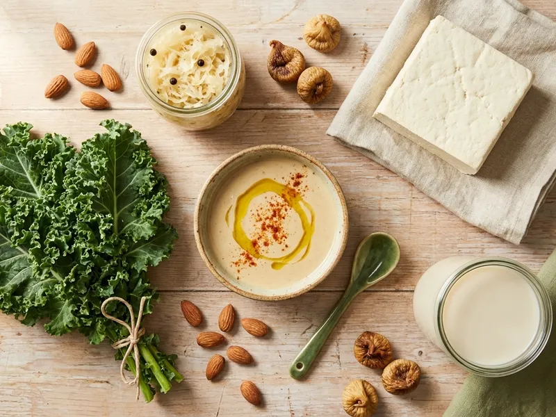 Flat-Lay mit Tahin, Grünkohl, Tofu, angereicherter Pflanzenmilch, Sauerkraut, Mandeln und getrockneten Feigen auf hellem Holz