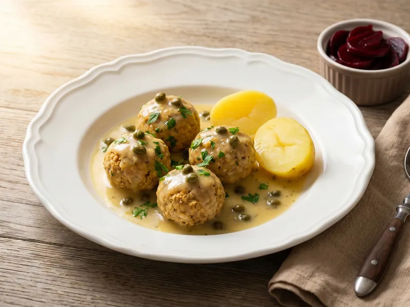 Vegane Königsberger Klopse in cremiger Kapernsauce mit Salzkartoffeln und Roter Bete auf einem Porzellanteller