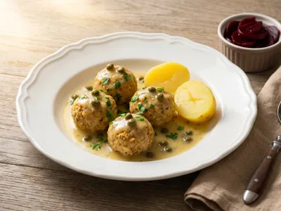 Vegane Königsberger Klopse in cremiger Kapernsauce mit Salzkartoffeln und Roter Bete auf einem Porzellanteller