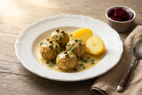 Vegane Königsberger Klopse in cremiger Kapernsauce mit Salzkartoffeln und Roter Bete auf einem Porzellanteller