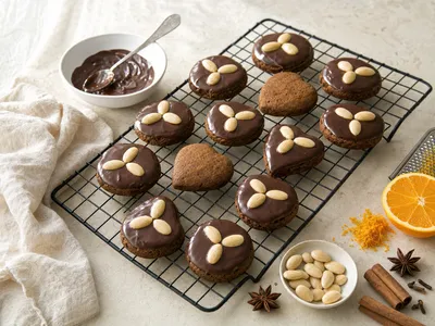 Runde und herzförmige vegane Lebkuchen auf einem Kuchengitter, die meisten mit Zartbitterschokolade glasiert und mit je drei Mandeln verziert, daneben eine Schale geschmolzene Schokolade, eine halbe Orange mit Reibe und Orangenabrieb, blanchierte Mandeln, Zimtstangen und Sternanis auf einem hellen Tisch