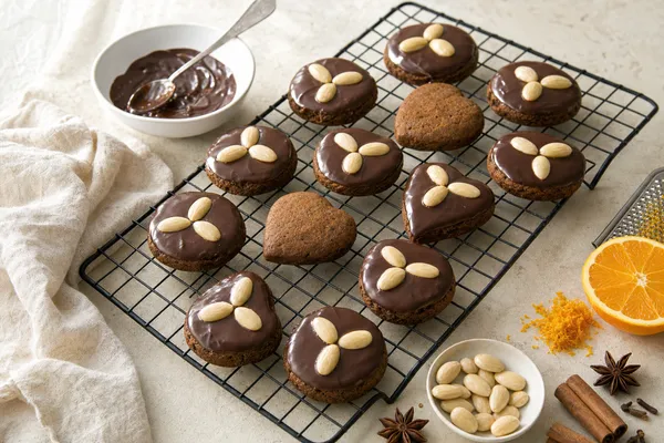 Runde und herzförmige vegane Lebkuchen auf einem Kuchengitter, die meisten mit Zartbitterschokolade glasiert und mit je drei Mandeln verziert, daneben eine Schale geschmolzene Schokolade, eine halbe Orange mit Reibe und Orangenabrieb, blanchierte Mandeln, Zimtstangen und Sternanis auf einem hellen Tisch