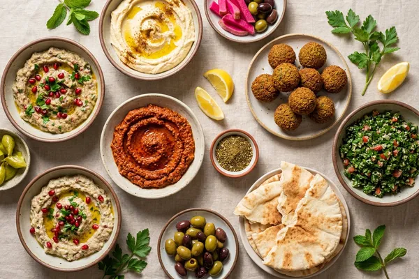 Üppige levantinische Mezze-Tafel von oben: Schalen mit Hummus, Baba Ghanoush und Muhammara, ein Teller Falafel, Tabbouleh, eingelegtes Gemüse, Oliven, Fladenbrot und frische Kräuter auf hellem Leinen