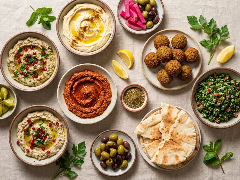 Üppige levantinische Mezze-Tafel von oben: Schalen mit Hummus, Baba Ghanoush und Muhammara, ein Teller Falafel, Tabbouleh, eingelegtes Gemüse, Oliven, Fladenbrot und frische Kräuter auf hellem Leinen