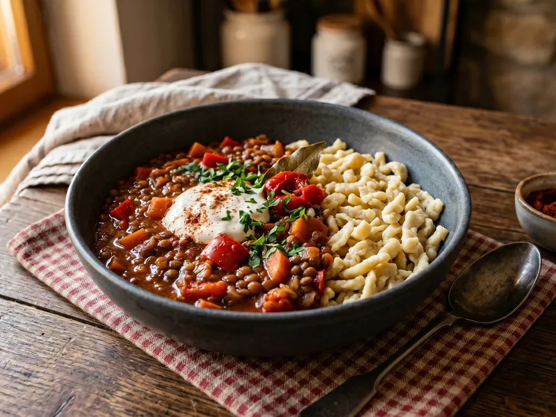 Veganes Linsen-Gulasch mit Paprika in einer Schale, serviert mit selbstgemachten Spätzle und einem Klecks veganer saurer Sahne