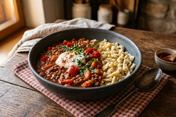 Veganes Linsen-Gulasch mit Paprika in einer Schale, serviert mit selbstgemachten Spätzle und einem Klecks veganer saurer Sahne