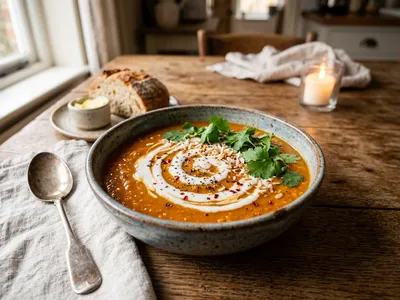 Cremige rote Linsensuppe mit Kokosmilch in einer Schüssel