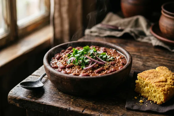 Rustikale Tonschale mit georgischem Lobio-Bohneneintopf aus roten Bohnen, garniert mit frischem Koriander, daneben ein Stück Maisbrot auf dunklem Holztisch