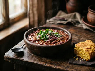 Rustikale Tonschale mit georgischem Lobio-Bohneneintopf aus roten Bohnen, garniert mit frischem Koriander, daneben ein Stück Maisbrot auf dunklem Holztisch