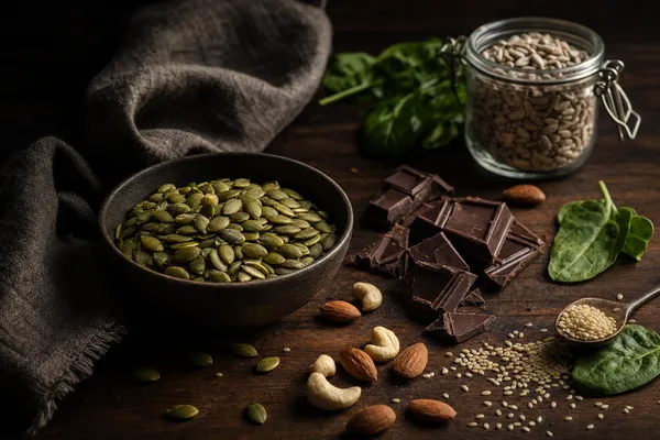 Magnesiumreiche pflanzliche Lebensmittel — Kürbiskerne, dunkle Schokolade, Mandeln, Cashews und Spinat — in moodiger Stillleben-Anordnung