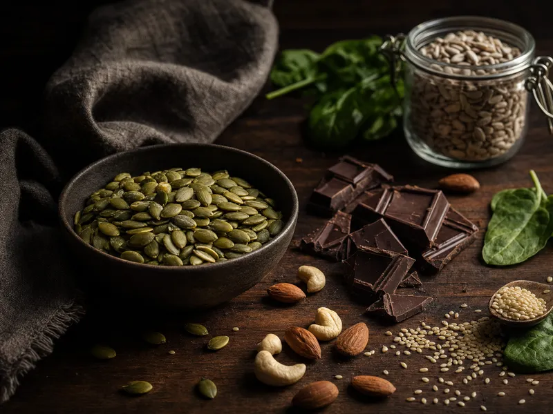Magnesiumreiche pflanzliche Lebensmittel — Kürbiskerne, dunkle Schokolade, Mandeln, Cashews und Spinat — in moodiger Stillleben-Anordnung