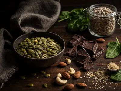 Magnesiumreiche pflanzliche Lebensmittel — Kürbiskerne, dunkle Schokolade, Mandeln, Cashews und Spinat — in moodiger Stillleben-Anordnung