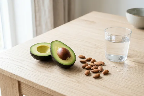 Aufgeschnittene Avocado und eine Handvoll Mandeln auf einem hellen Holztisch, daneben ein Glas Wasser und Wassertropfen — symbolisch für die Debatte um den Wasserverbrauch pflanzlicher Lebensmittel