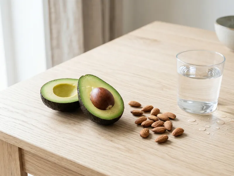 Aufgeschnittene Avocado und eine Handvoll Mandeln auf einem hellen Holztisch, daneben ein Glas Wasser und Wassertropfen — symbolisch für die Debatte um den Wasserverbrauch pflanzlicher Lebensmittel