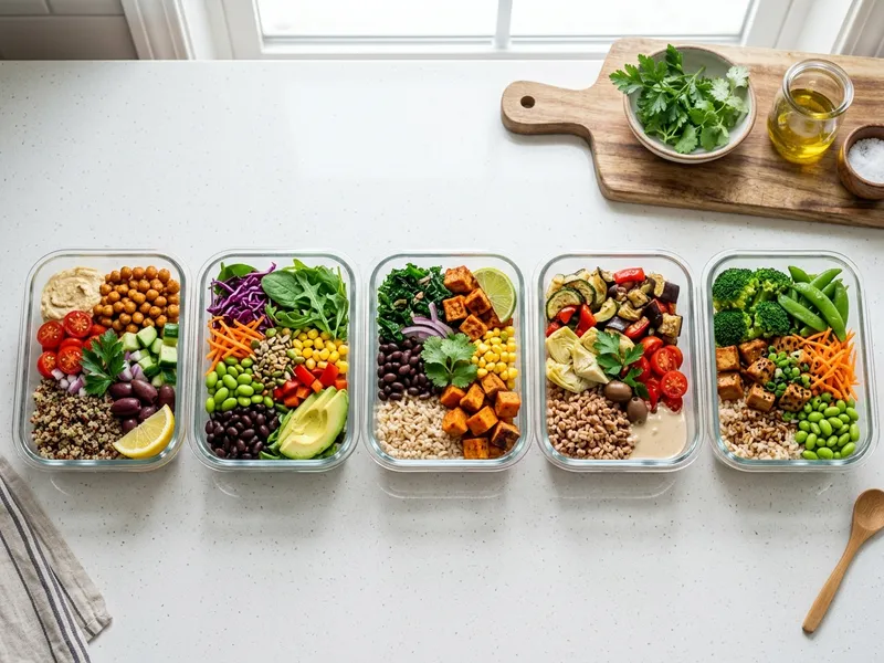 Fünf Meal-Prep-Boxen mit verschiedenen veganen Gerichten für die Woche