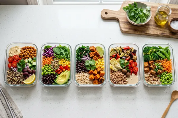 Fünf Meal-Prep-Boxen mit verschiedenen veganen Gerichten für die Woche