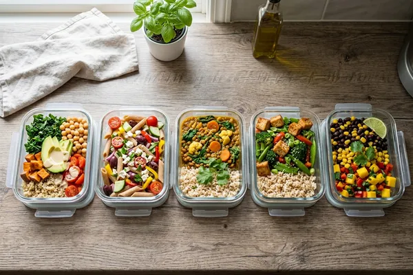 Vegane Meal-Prep-Behälter mit verschiedenen Gerichten