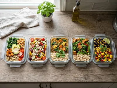 Vegane Meal-Prep-Behälter mit verschiedenen Gerichten