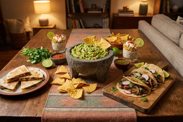 Mexikanische Snack-Tafel auf einem Abendtisch: Molcajete mit Guacamole und Totopos, Pilz-Tacos auf einem Brett, Gläser mit Esquites-Mais und gestapelte Quesadilla-Ecken, dazu Limetten und frischer Koriander in warmem Abendlicht