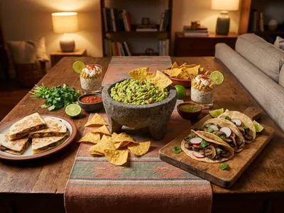 Mexikanische Snack-Tafel auf einem Abendtisch: Molcajete mit Guacamole und Totopos, Pilz-Tacos auf einem Brett, Gläser mit Esquites-Mais und gestapelte Quesadilla-Ecken, dazu Limetten und frischer Koriander in warmem Abendlicht