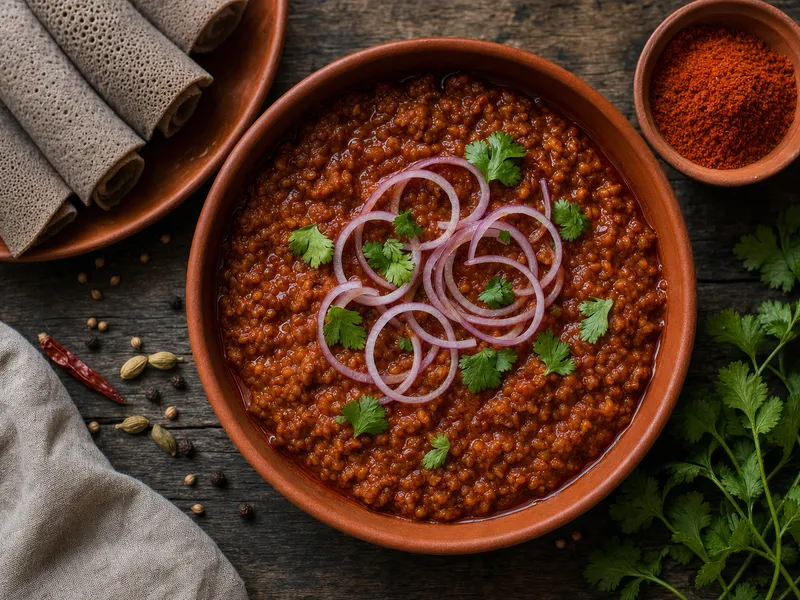 Tiefrote Schale mit äthiopischem Misir-Wot-Linseneintopf, garniert mit einem Ring roher Zwiebeln, daneben aufgerollte Injera-Streifen auf dunklem Holztisch