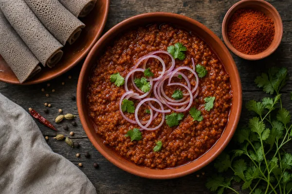 Tiefrote Schale mit äthiopischem Misir-Wot-Linseneintopf, garniert mit einem Ring roher Zwiebeln, daneben aufgerollte Injera-Streifen auf dunklem Holztisch