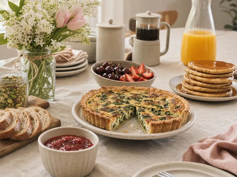 Frühlings-Brunchtisch mit pflanzlicher Spinat-Tofu-Quiche, Sauerteig-Brot, Erdbeer-Chia-Marmelade, veganen Pancakes mit Ahornsirup, frischen Erdbeeren und Kirschen, einer Karaffe Orangensaft und einem Strauß Tulpen — Muttertags-Brunch ohne Bekenntnis-Geste