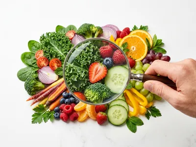 Lupe über buntem Gemüse als Faktencheck-Konzept