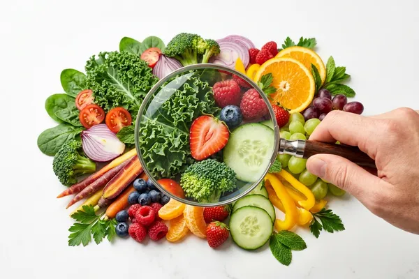 Lupe über buntem Gemüse als Faktencheck-Konzept