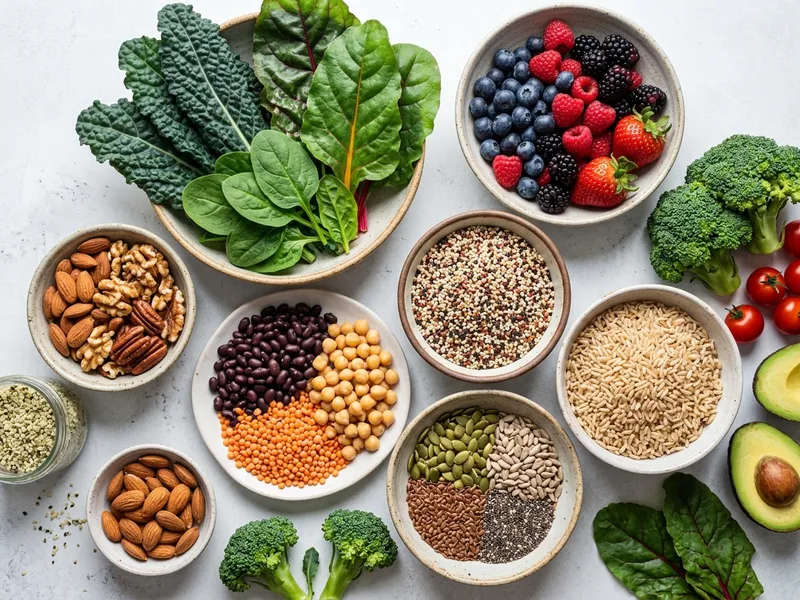 Farbenfrohe Auswahl vitaminreicher pflanzlicher Lebensmittel — Paprika, Karotten, Blattgemüse, Nüsse, Zitrusfrüchte und Beeren