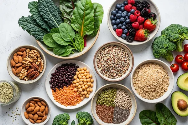 Farbenfrohe Auswahl vitaminreicher pflanzlicher Lebensmittel — Paprika, Karotten, Blattgemüse, Nüsse, Zitrusfrüchte und Beeren