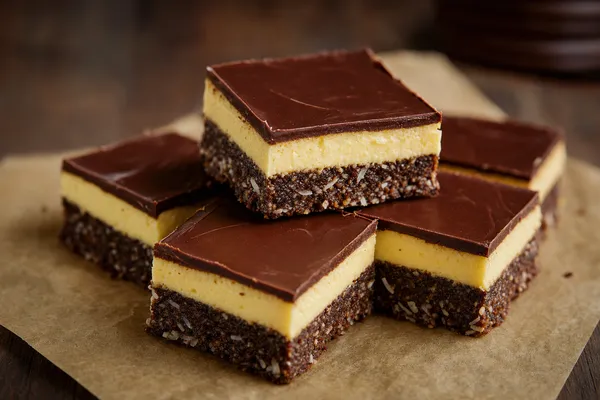 Gestapelte dreischichtige Nanaimo-Bars in Nahaufnahme: dunkle Kokos-Keks-Basis, cremig-gelbe Mittelschicht und glänzender dunkler Schokospiegel, sauber in Quadrate geschnitten auf hellem Pergamentpapier
