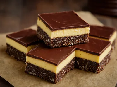 Gestapelte dreischichtige Nanaimo-Bars in Nahaufnahme: dunkle Kokos-Keks-Basis, cremig-gelbe Mittelschicht und glänzender dunkler Schokospiegel, sauber in Quadrate geschnitten auf hellem Pergamentpapier
