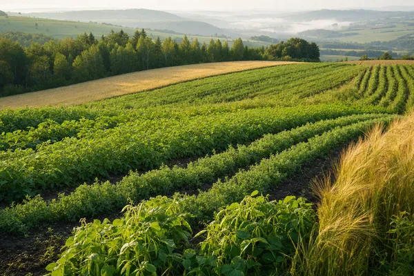 Weite Agrarlandschaft im Sommerlicht mit Feldern voller Gemüse, Getreide und Hülsenfrüchten, am Rand ein Streifen junger Wald