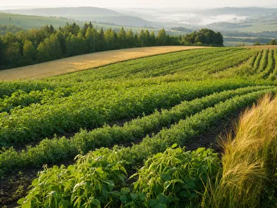 Weite Agrarlandschaft im Sommerlicht mit Feldern voller Gemüse, Getreide und Hülsenfrüchten, am Rand ein Streifen junger Wald